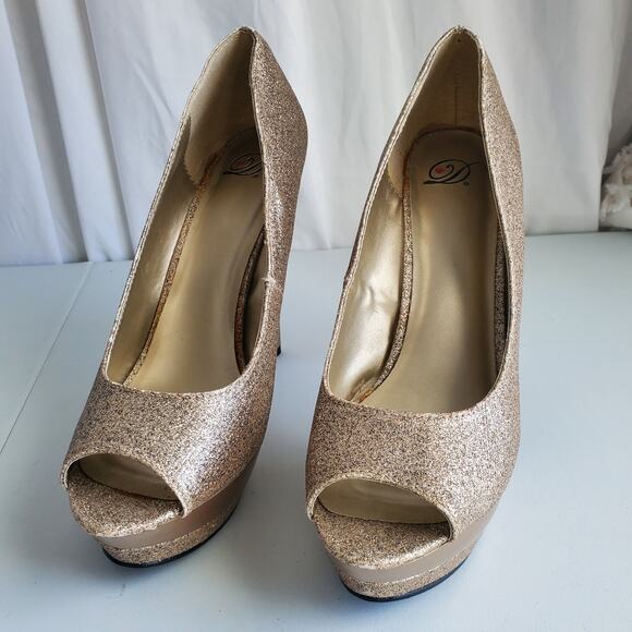 Women Glitter Platform Peeptoe Shoe 11 Gold Champagne NYE Cocktail Dance Club - Picture 2 of 15
